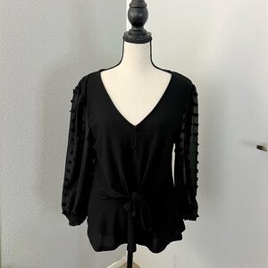 Black V-neck Blouse with Polka Dot Sleeves - Size M